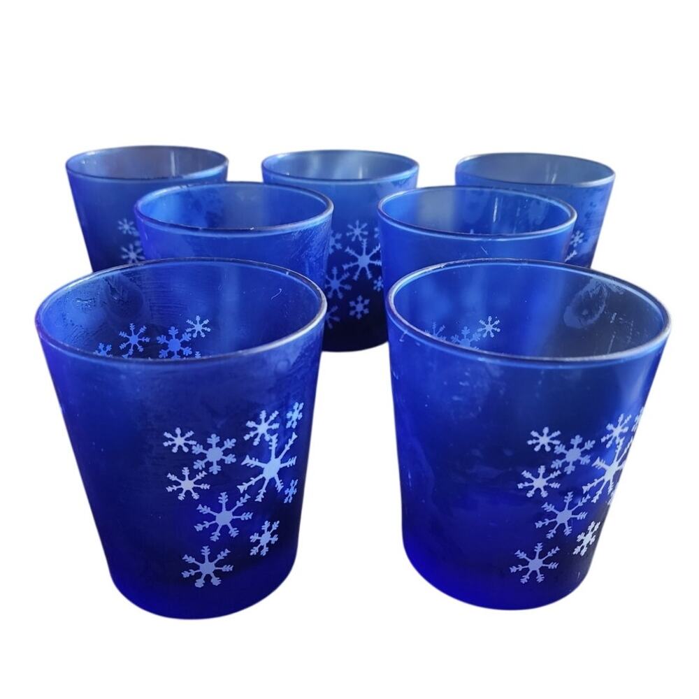 Libbey Cobalt Blue Glass Snowflake Christmas Glasses Set of 7